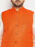 Vastramay Men's Plus Size Orange Matka Silk Nehru Jacket With Cream Silk Blend Kurta and Pant style Pyjama Set